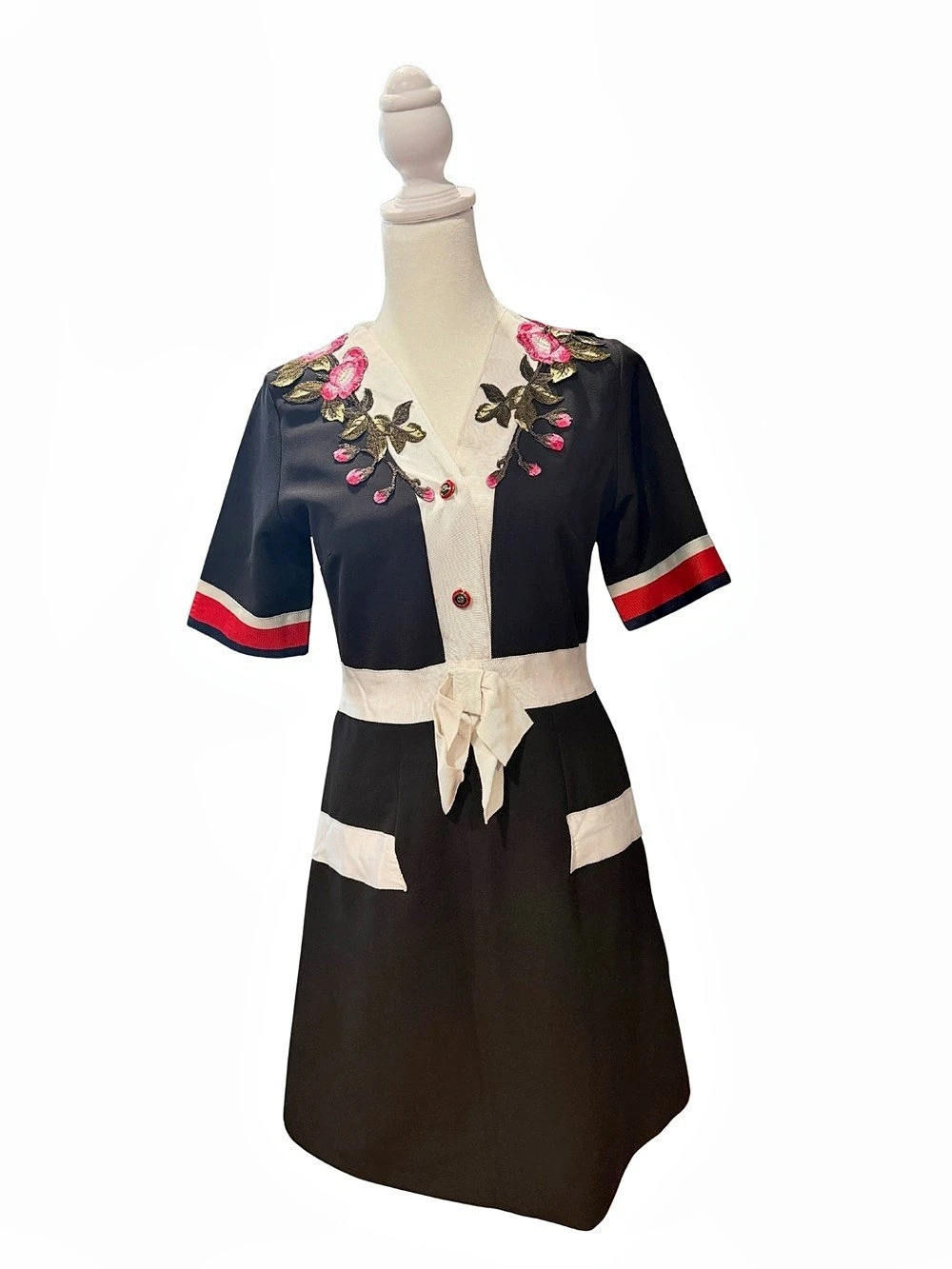 Floral Embroidered Mini Dress in Black & White Like New